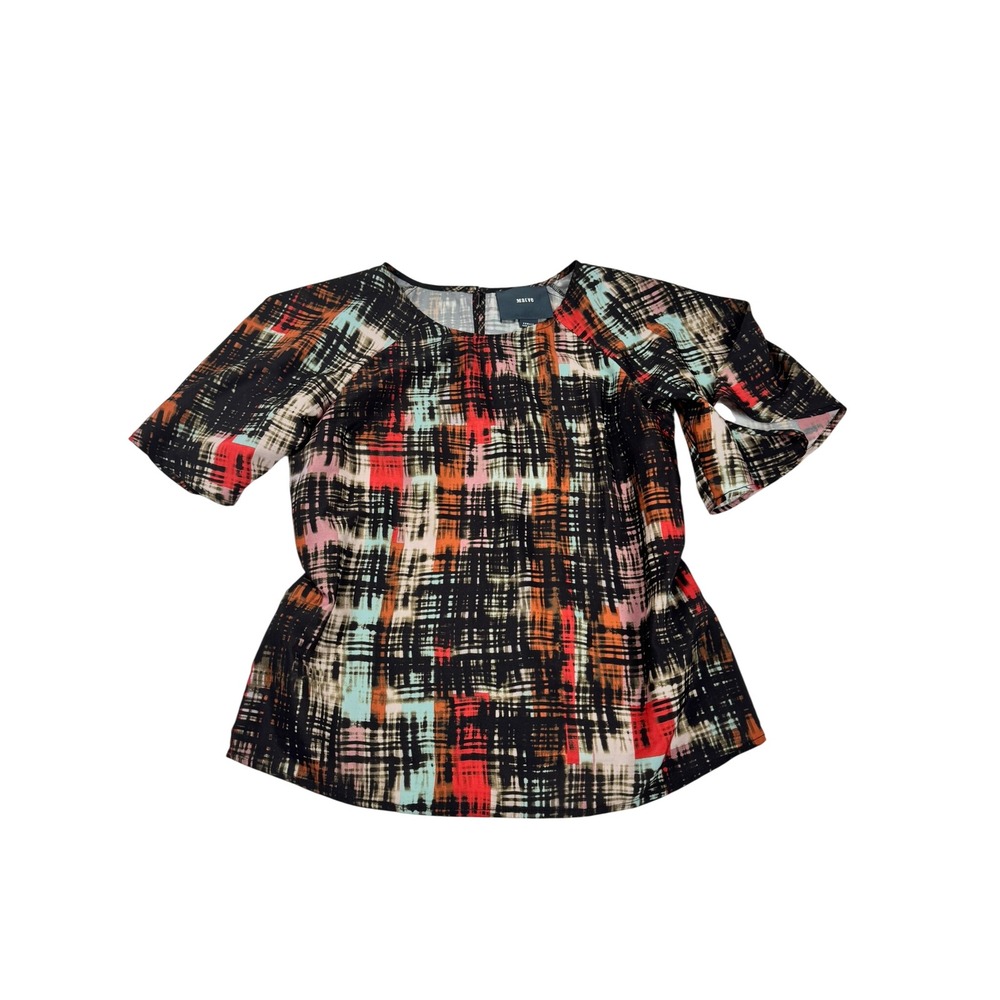Maeve Anthropologie Women XS Abstract Plaid Short Sleeve Blouse Multicolor Black